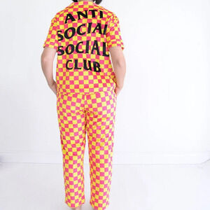 Anti Social Social Club Pink Yellow Checker Velour 2 Piece Pajamas 100% Cotton S